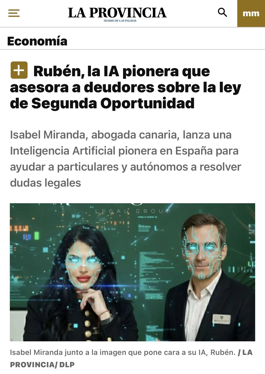 Artículo de La Provincia sobre Rubén, la IA pionera que asesora a deudores sobre la Ley de la Segunda Oportunidad